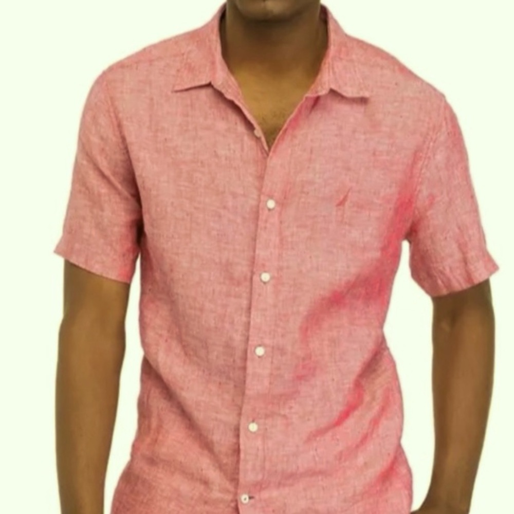Nautica Linen Cotton Blend Salmon Color Short Sleeve Button Down Shirt
